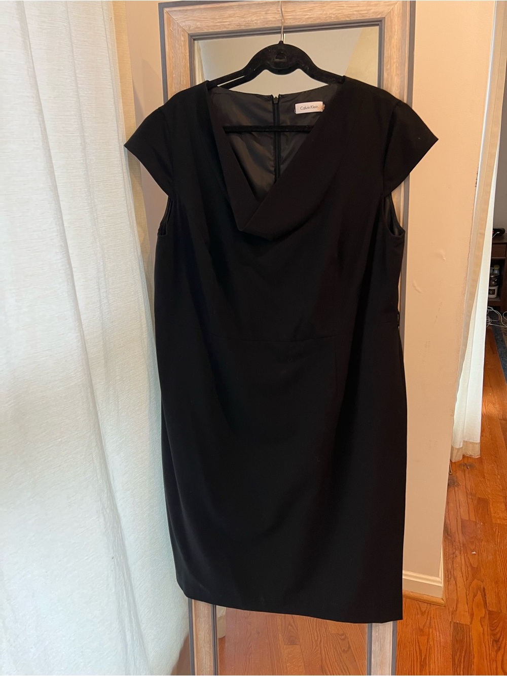 Calvin Klein Black Cap Sleeve Draped Neck Midi Dress 16W